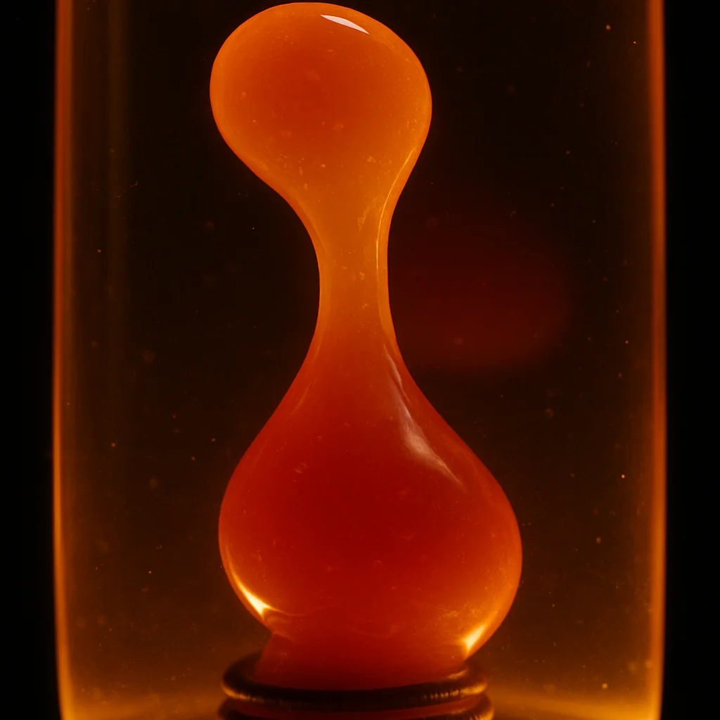 Close-up photograph of lava lamp wax mid-motion, showing a large elongated blob separating from the main mass near the coil, with the fluid boundary clearly visible