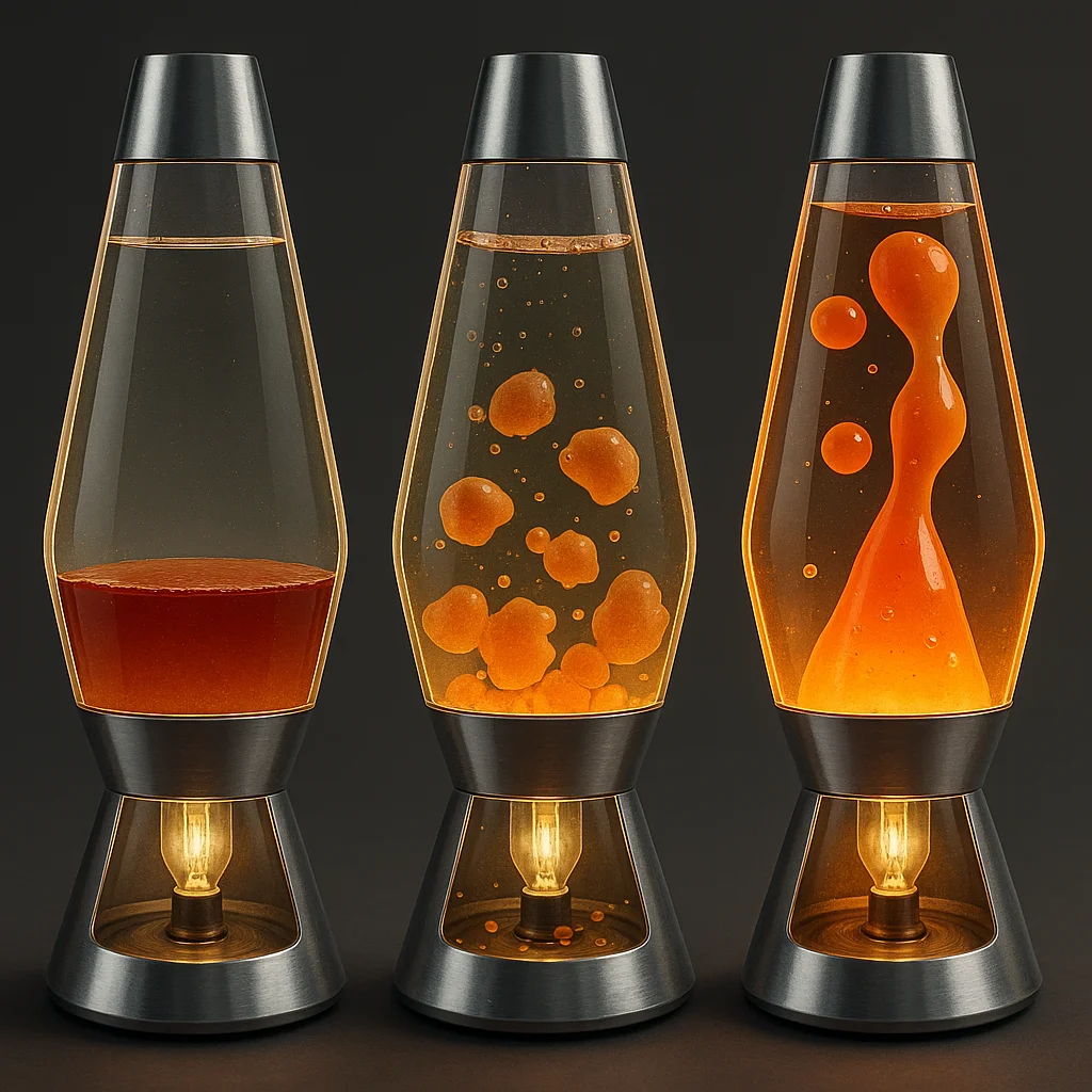 Cross-section diagram of a lava lamp globe showing wax positions at cold, mid-heat, and operating temperature, with annotated density values at each stage