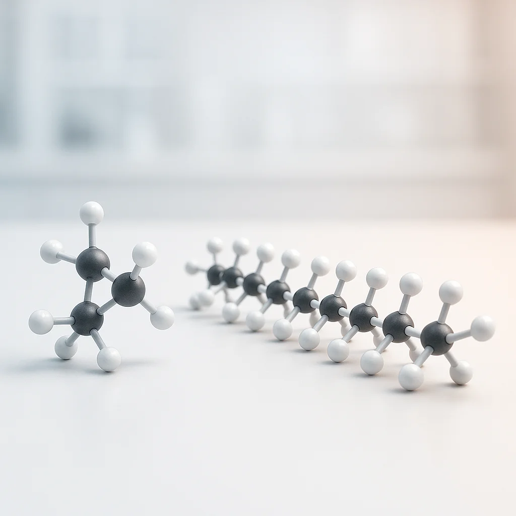Molecular structure diagram comparing short-chain and long-chain alkane molecules, annotated to show how chain length correlates with melting point