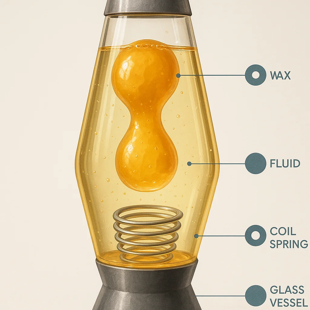Close-up cross-section diagram labelling wax blob, surrounding fluid, coil spring at base, and glass vessel, with density values annotated at operating temperature
