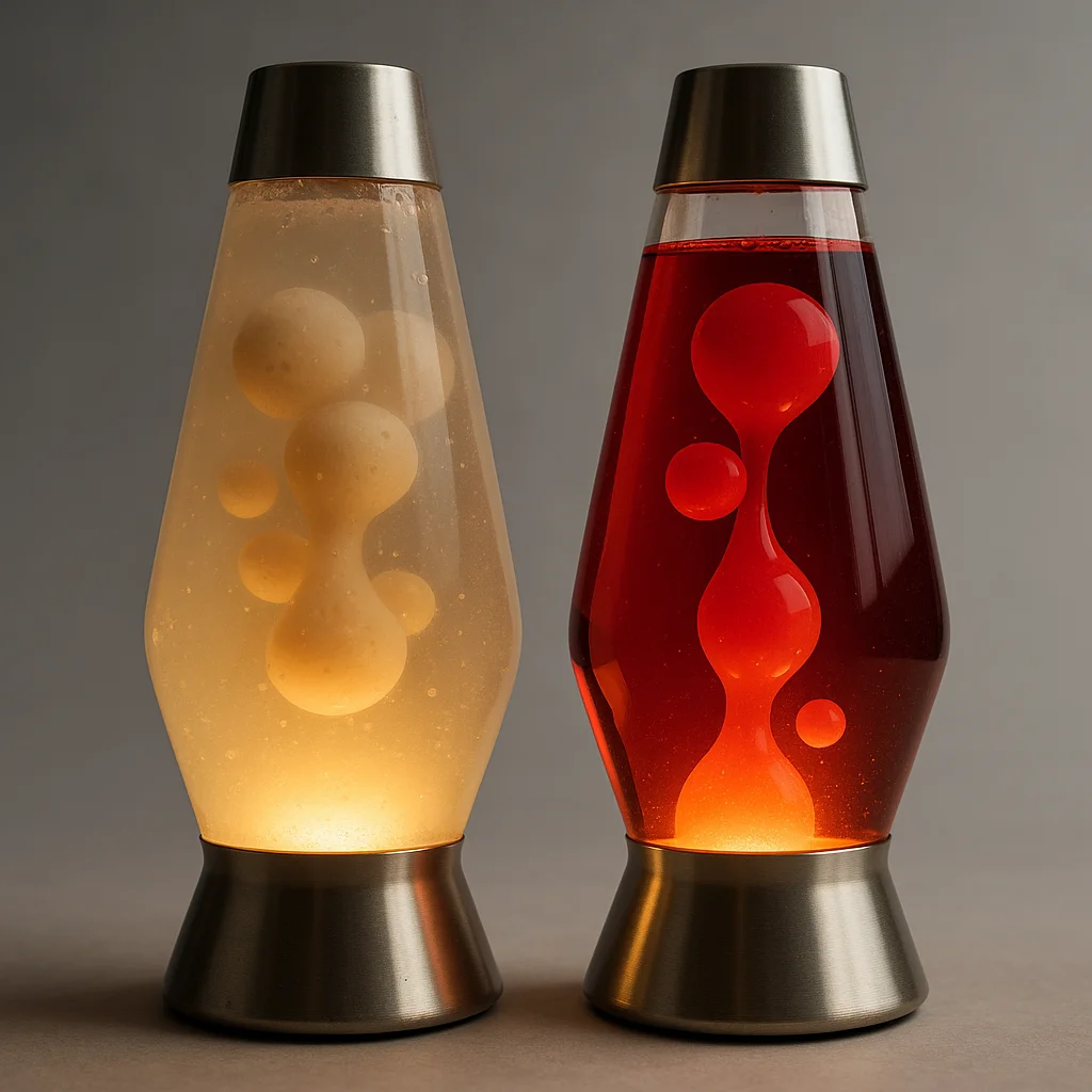 Close-up photograph of a clouded lava lamp fluid versus clear fluid, side by side in identical lamp vessels