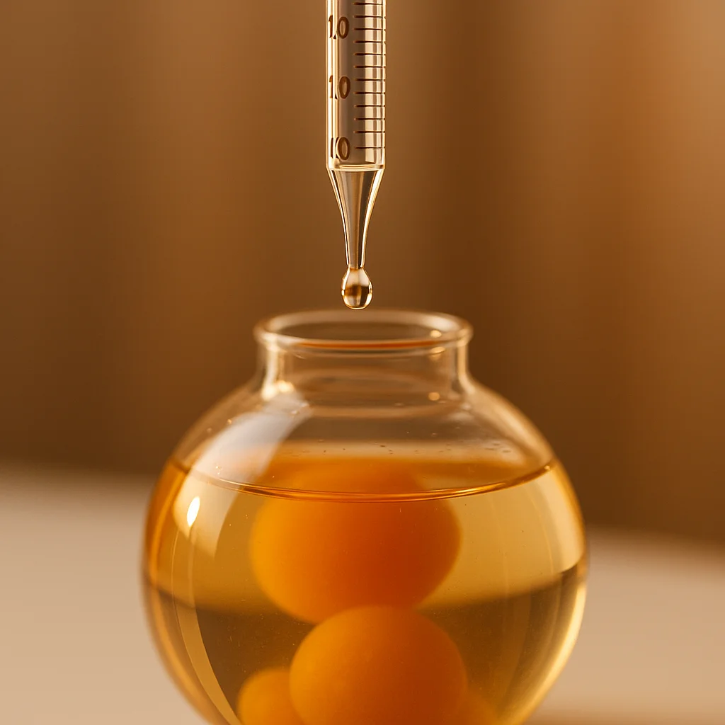 Close-up of a graduated pipette beside a Mathmos globe, with small measured increments of fluid being added, illustrating the incremental adjustment process