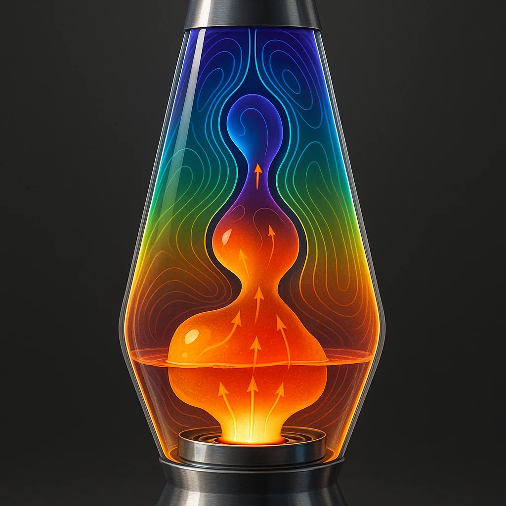 Cross-section diagram showing heat flow from lamp base into wax mass, with isothermal contour lines indicating temperature gradient through wax and surrounding fluid